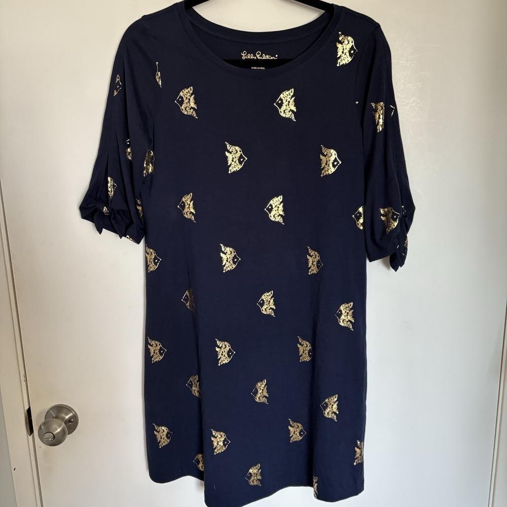 Lilly Pulitzer Preston Dress in True Navy and Gold Reel It In Allover Small